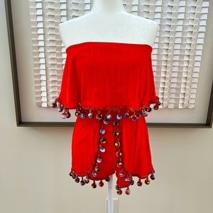 Boho Romper Tangerine with decorative trim and Pom Poms - Surf Gypsy - Size M
